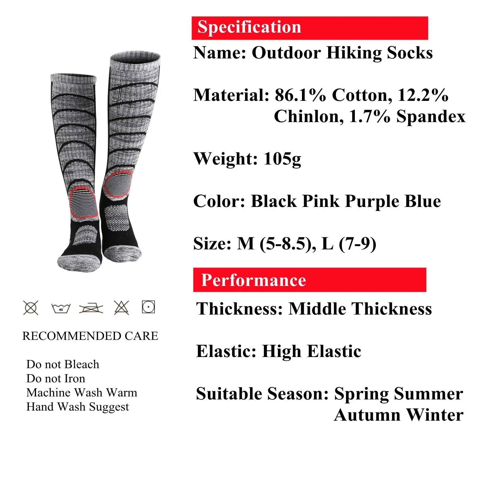 2-Pair Women Hiking Socks Moisture Wicking Knee High Socks for Women Over the Calf Crew Socks for Outdoor Walking, Climbing, Running, Hiking Size L
