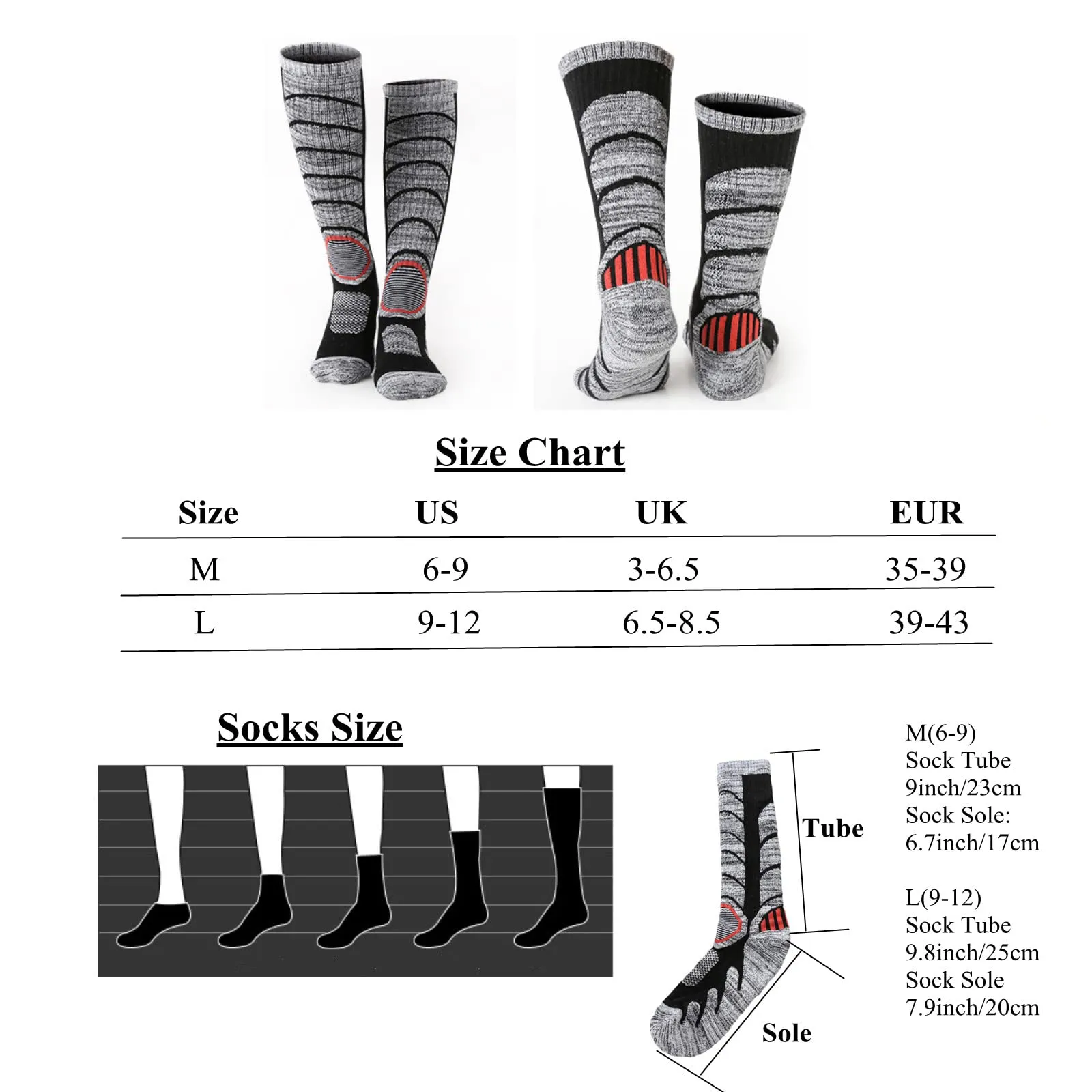 2-Pair Women Hiking Socks Moisture Wicking Knee High Socks for Women Over the Calf Crew Socks for Outdoor Walking, Climbing, Running, Hiking Size L