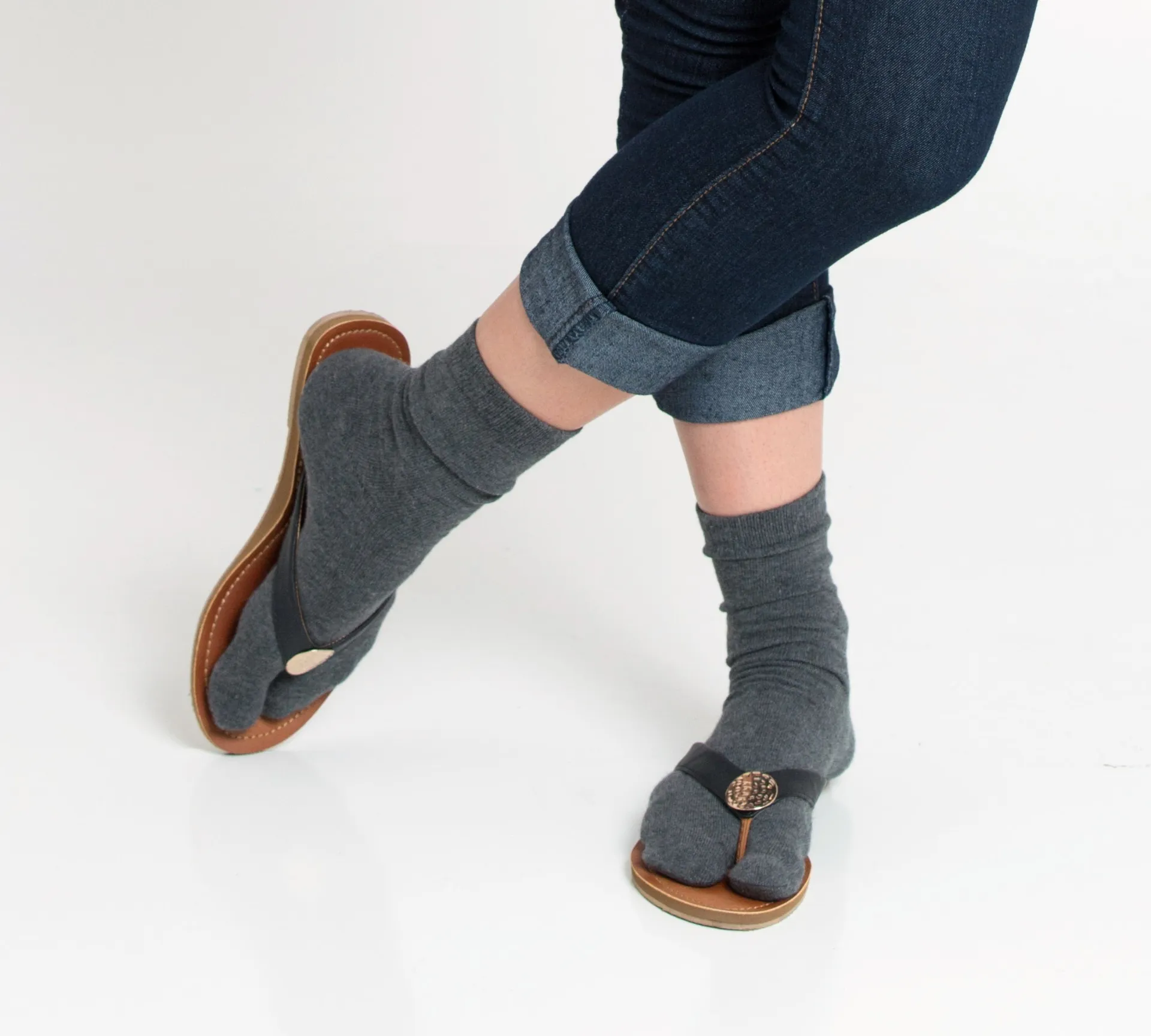 3 Pairs Casual - V-Toe Flip Flop Tabi Socks Gunmetal Grey Solid