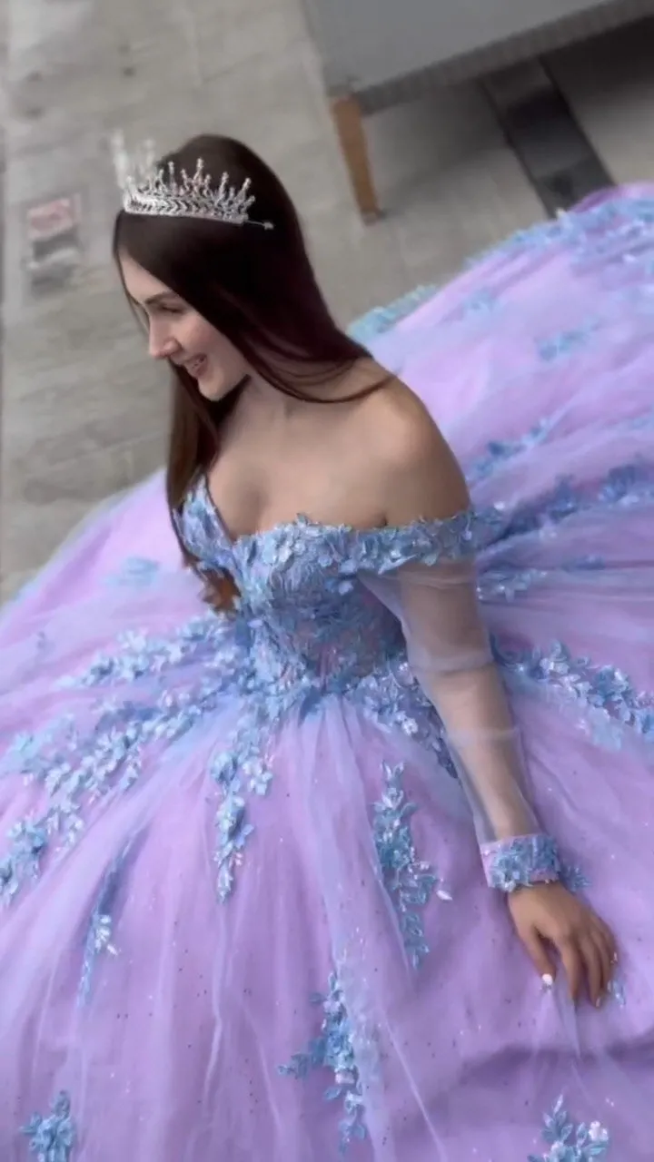 3D Floral Applique Embellished Cut-Away Shoulder Quinceanera Dress Long Mesh Sleeve GLGL3503