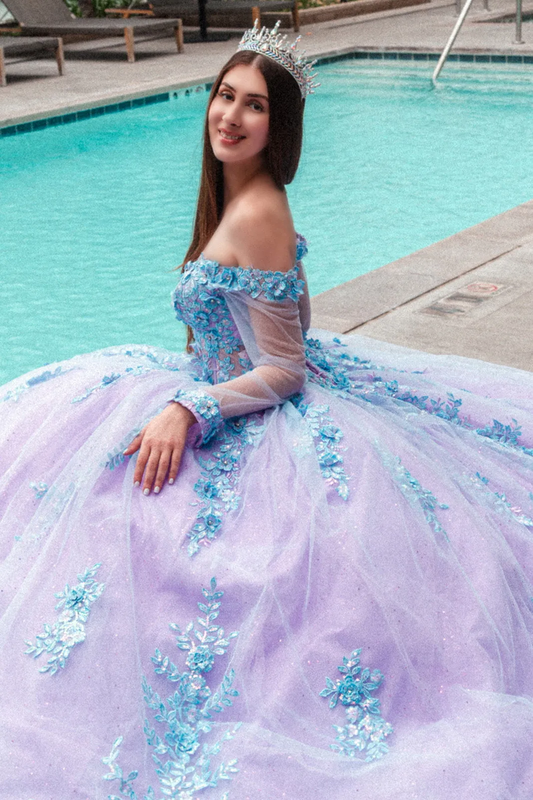 3D Floral Applique Embellished Cut-Away Shoulder Quinceanera Dress Long Mesh Sleeve GLGL3503