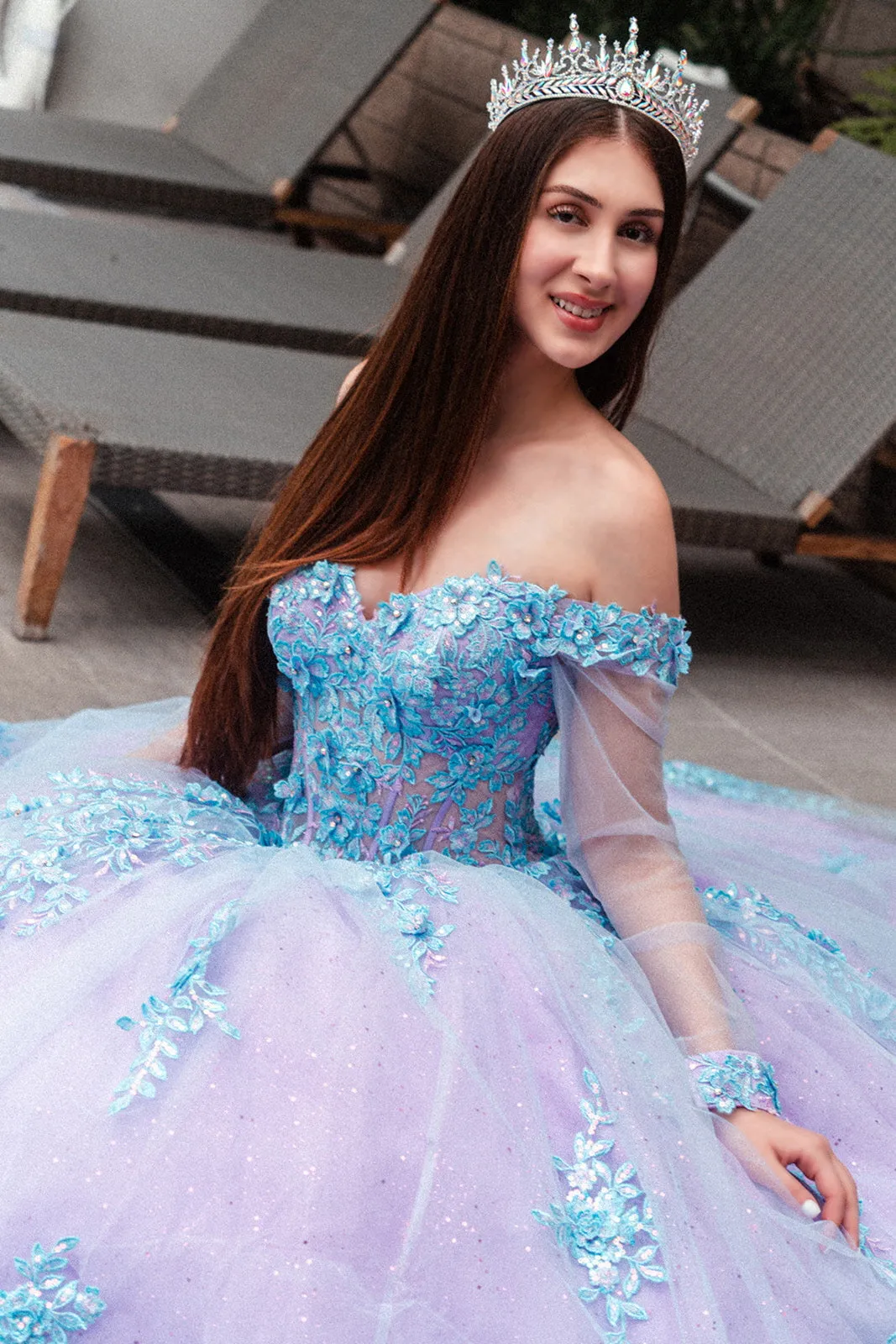 3D Floral Applique Embellished Cut-Away Shoulder Quinceanera Dress Long Mesh Sleeve GLGL3503