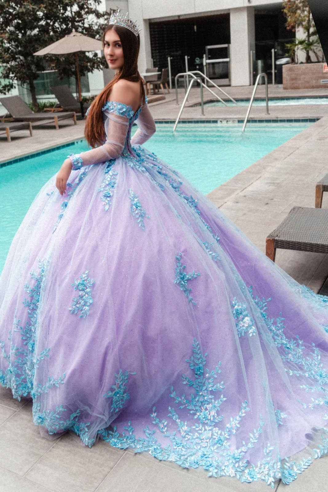 3D Floral Applique Embellished Cut-Away Shoulder Quinceanera Dress Long Mesh Sleeve GLGL3503