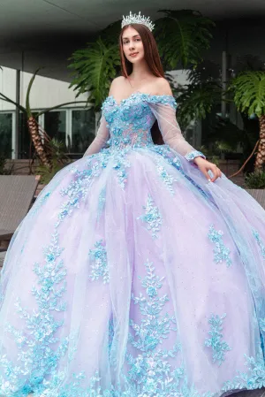 3D Floral Applique Embellished Cut-Away Shoulder Quinceanera Dress Long Mesh Sleeve GLGL3503