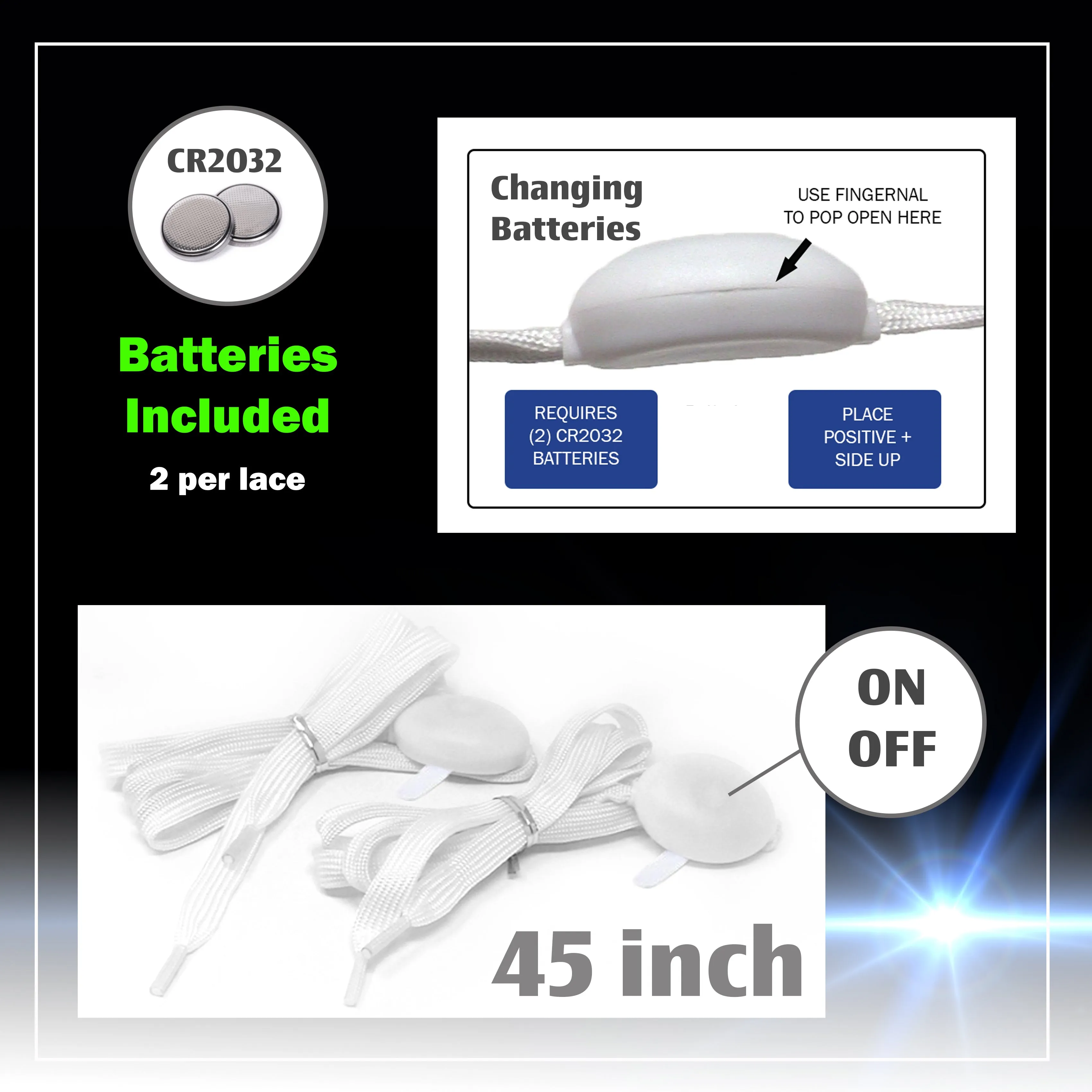 |4 Pairs| 5 Color Flashing LED Light Up Shoe Laces Glow in the Dark White Tie Shoelaces for Sneakers, Skates, 45 inch