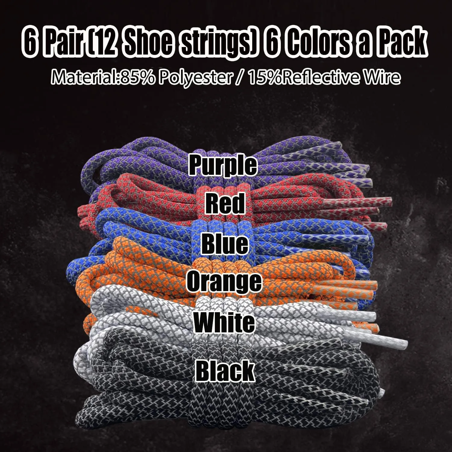6 Pairs Sport Round Shoe Laces Reflective