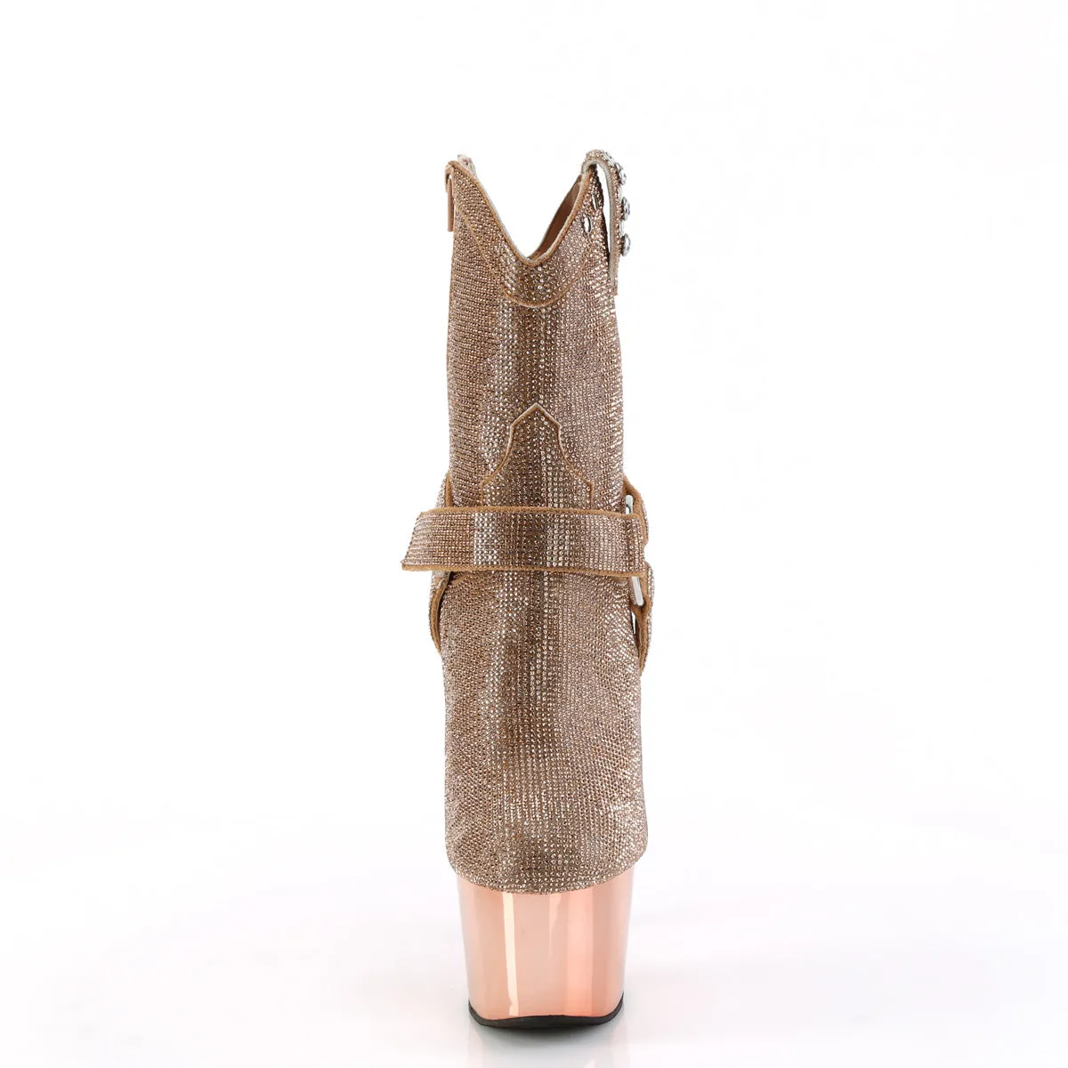 ADORE-1029CHRS Pleaser Rose Gold Chrome Platforms Bling Cowboy Ankle Boots