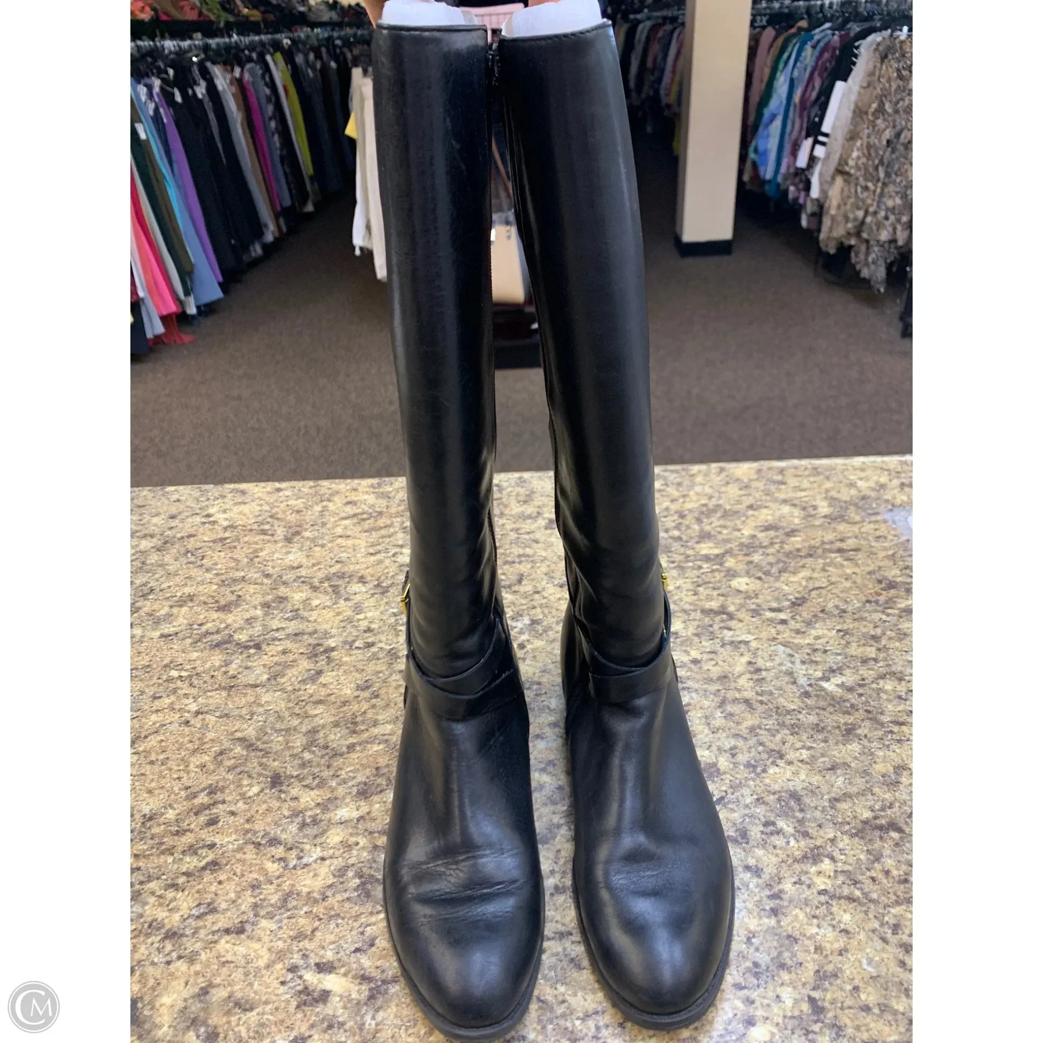 Seamless Interior Construction Comfort Lining Rough Terrain Boots Knee Flats By Ralph Lauren In Black, Size: 9