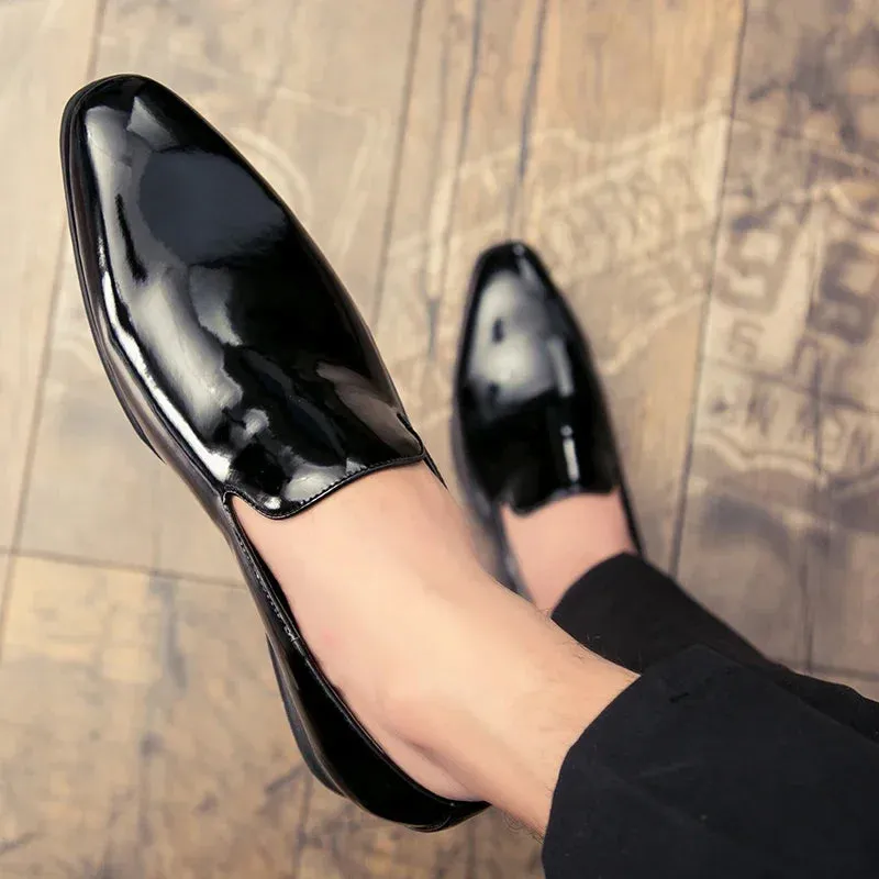 Aidase Fashion Business Men Leather Shoes Lacquered Leather Shoes Wedding Party Office High Genuine Shoes Black Gold Pointed Toe Loafer