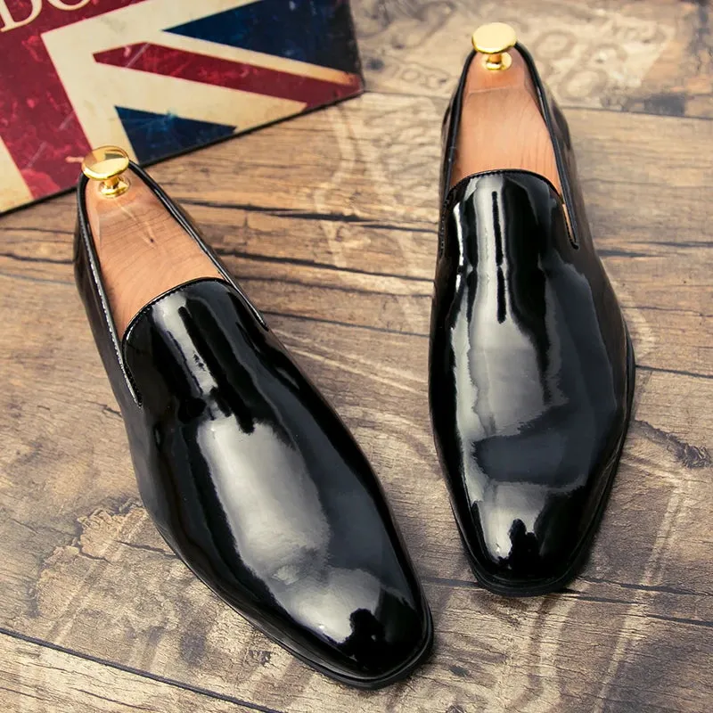 Aidase Fashion Business Men Leather Shoes Lacquered Leather Shoes Wedding Party Office High Genuine Shoes Black Gold Pointed Toe Loafer