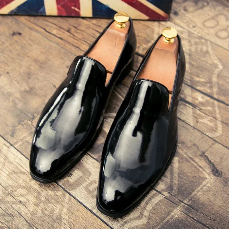 Aidase Fashion Business Men Leather Shoes Lacquered Leather Shoes Wedding Party Office High Genuine Shoes Black Gold Pointed Toe Loafer