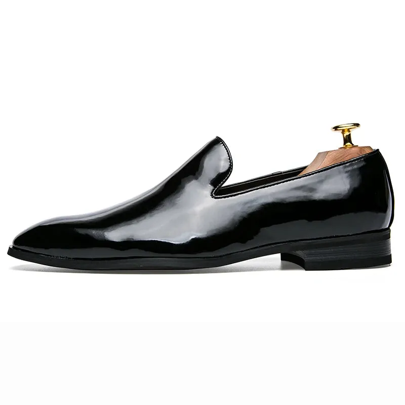 Aidase Fashion Business Men Leather Shoes Lacquered Leather Shoes Wedding Party Office High Genuine Shoes Black Gold Pointed Toe Loafer