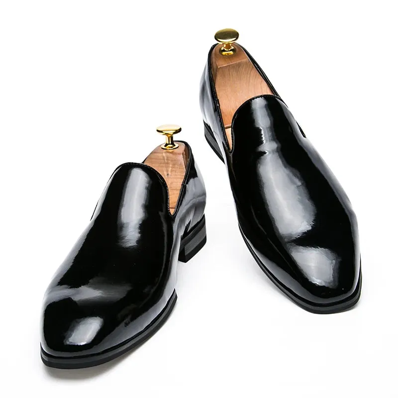 Aidase Fashion Business Men Leather Shoes Lacquered Leather Shoes Wedding Party Office High Genuine Shoes Black Gold Pointed Toe Loafer