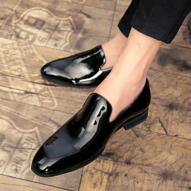 Aidase Fashion Business Men Leather Shoes Lacquered Leather Shoes Wedding Party Office High Genuine Shoes Black Gold Pointed Toe Loafer