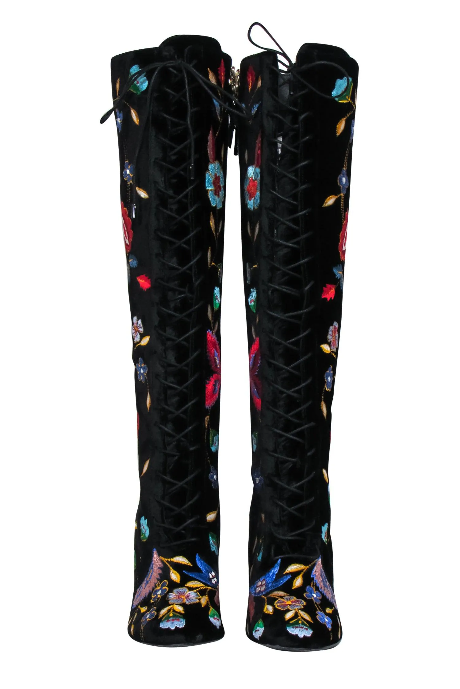 Alice & Olivia - Black Velvet Embroidered Lace-Up Heeled Knee High Boots Sz 6