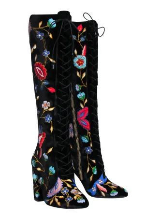 Alice & Olivia - Black Velvet Embroidered Lace-Up Heeled Knee High Boots Sz 6