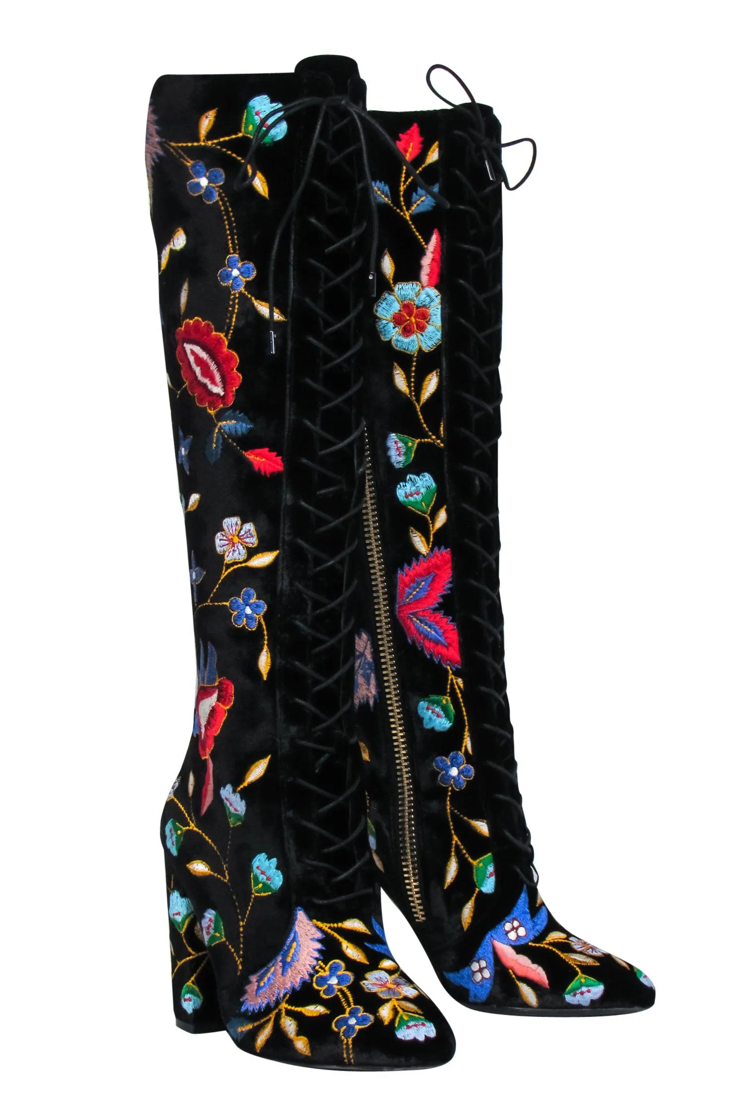 Alice & Olivia - Black Velvet Embroidered Lace-Up Heeled Knee High Boots Sz 6