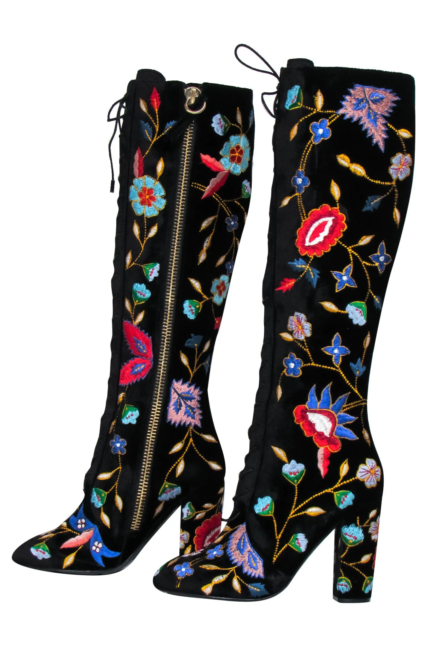 Alice & Olivia - Black Velvet Embroidered Lace-Up Heeled Knee High Boots Sz 6