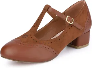 Allegra K Women's T-Strap Mary Jane Ankle Strap Block Heels Pumps