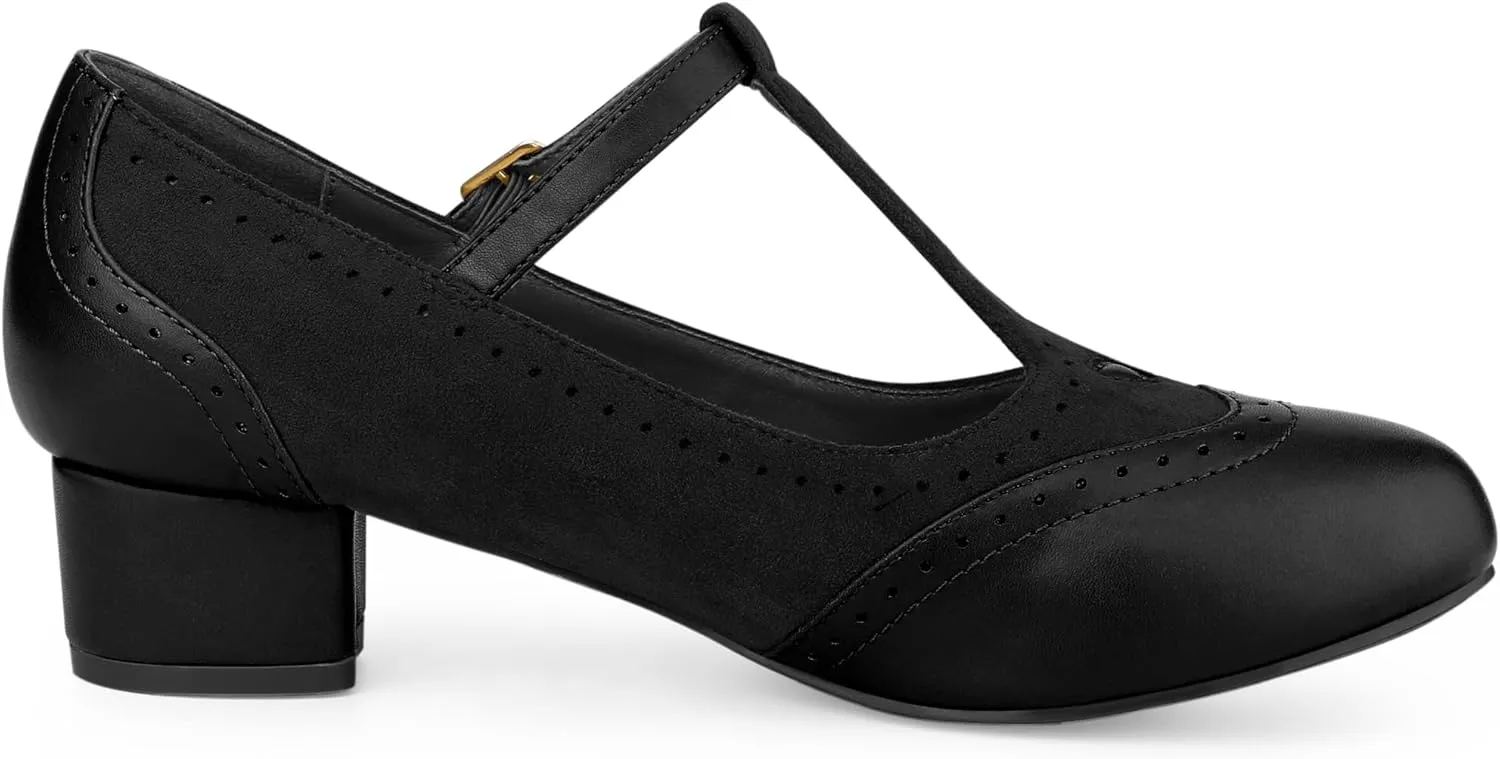 Allegra K Women's T-Strap Mary Jane Ankle Strap Block Heels Pumps