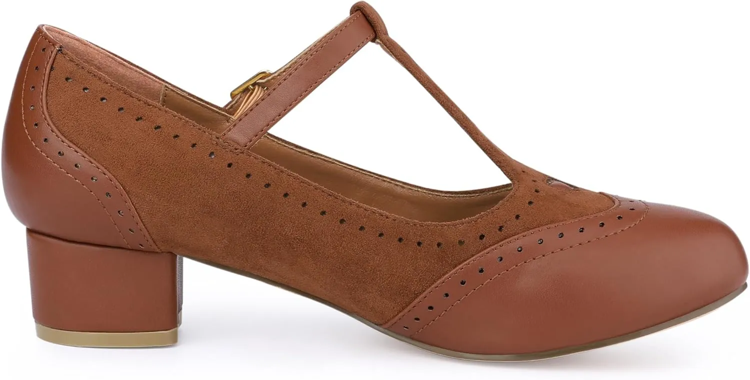 Allegra K Women's T-Strap Mary Jane Ankle Strap Block Heels Pumps