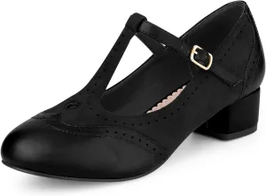 Allegra K Women's T-Strap Mary Jane Ankle Strap Block Heels Pumps