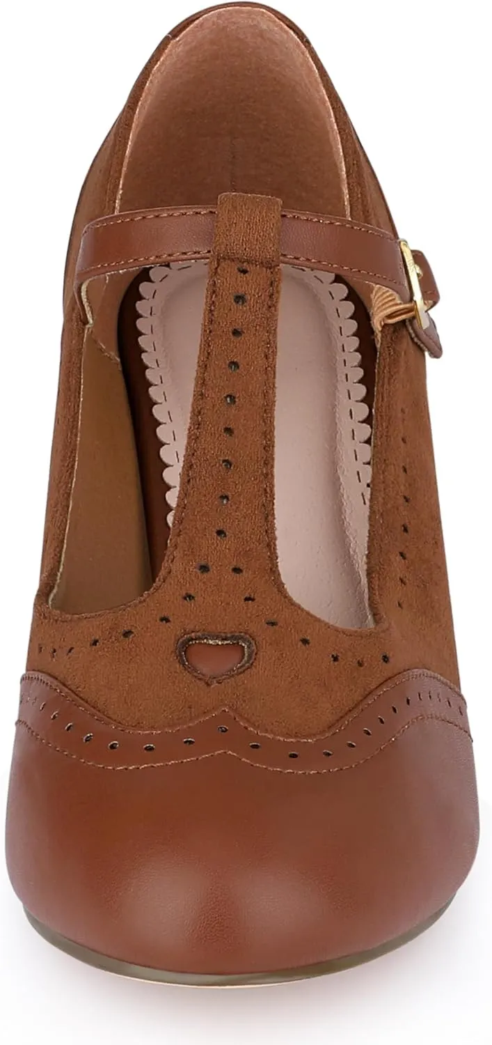 Allegra K Women's T-Strap Mary Jane Ankle Strap Block Heels Pumps