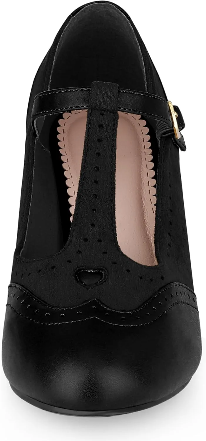 Allegra K Women's T-Strap Mary Jane Ankle Strap Block Heels Pumps