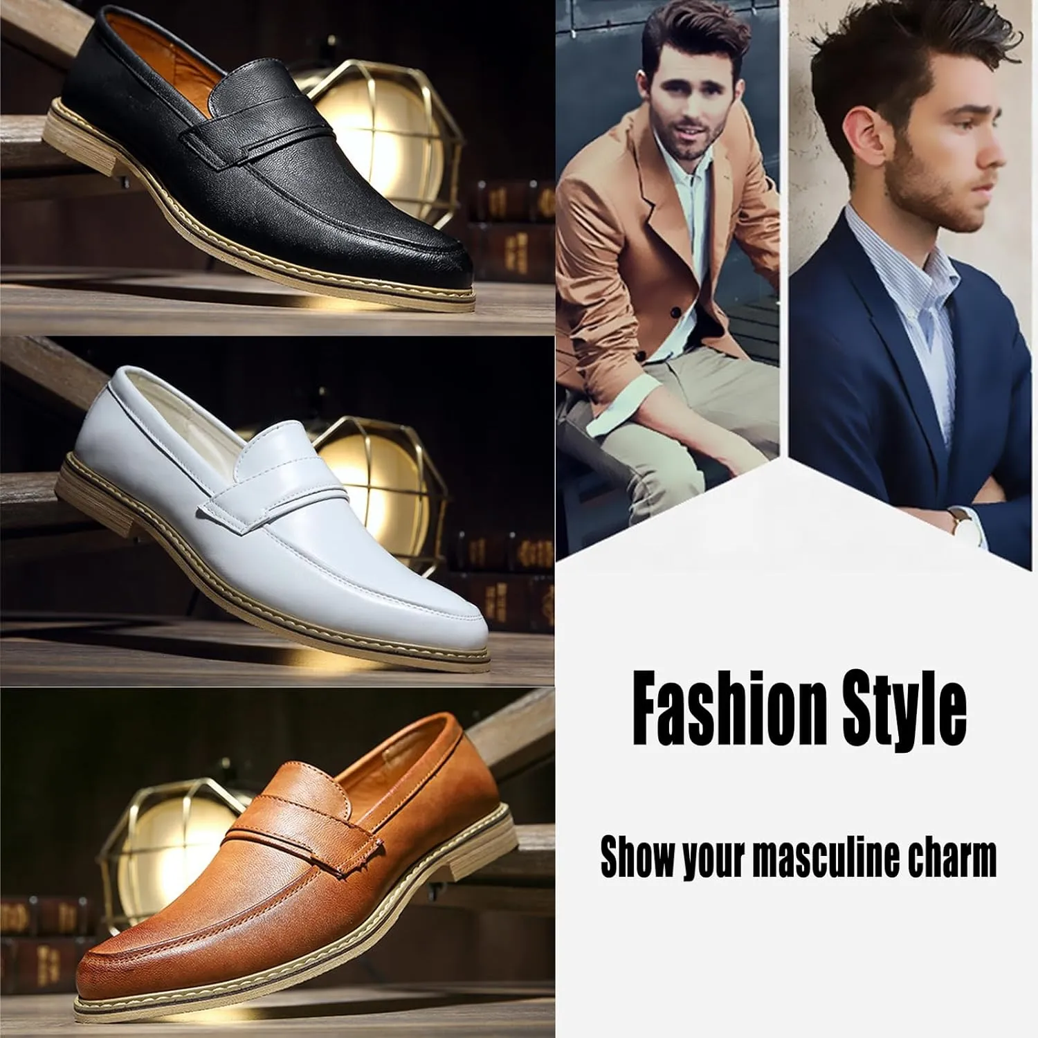 AMAZIDEAL Men's Leather Casual Penny Loafers,Fashion Round Toe Slip-On Business Dress Shoes,Comfortable Non-Slip Wedding Party Driving Shoes