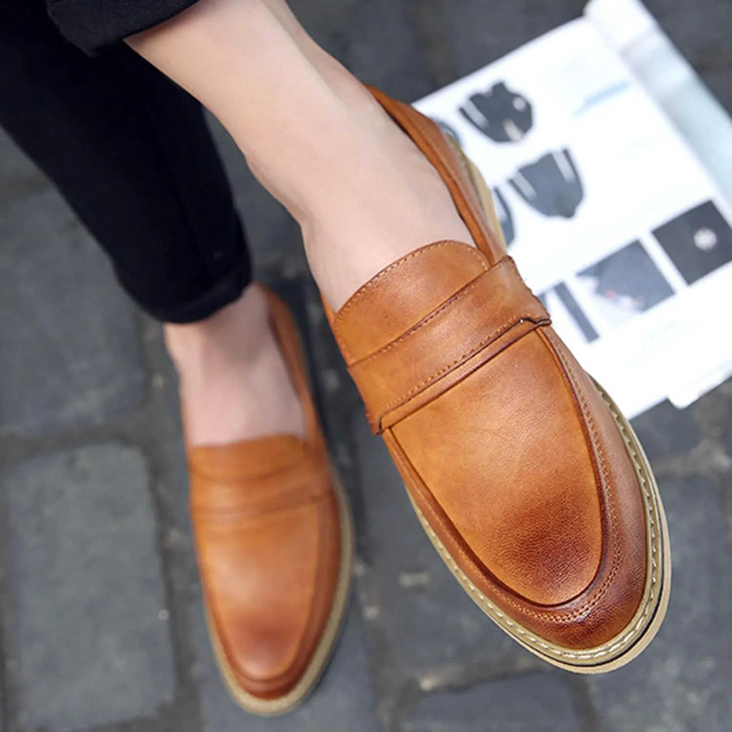 AMAZIDEAL Men's Leather Casual Penny Loafers,Fashion Round Toe Slip-On Business Dress Shoes,Comfortable Non-Slip Wedding Party Driving Shoes