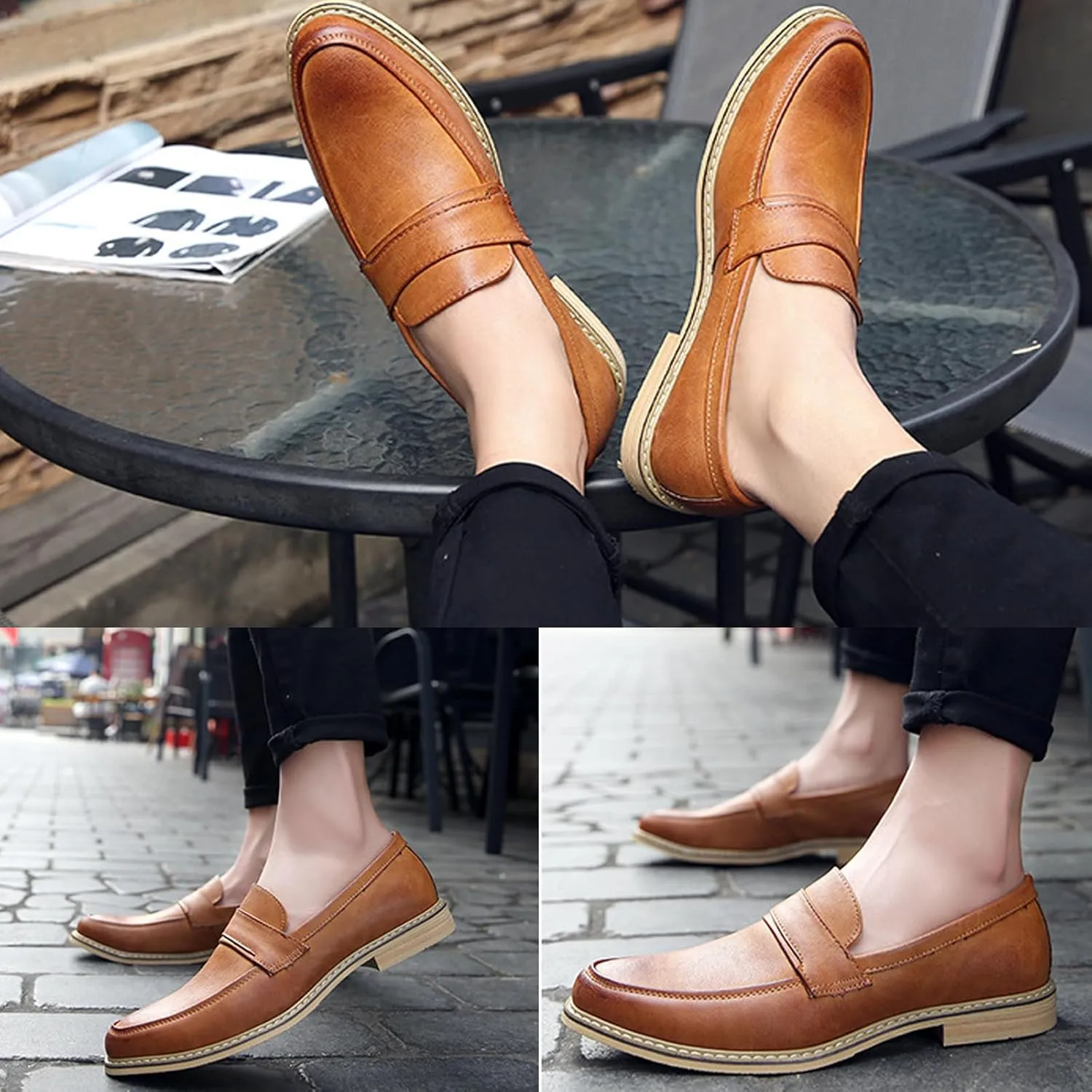 AMAZIDEAL Men's Leather Casual Penny Loafers,Fashion Round Toe Slip-On Business Dress Shoes,Comfortable Non-Slip Wedding Party Driving Shoes