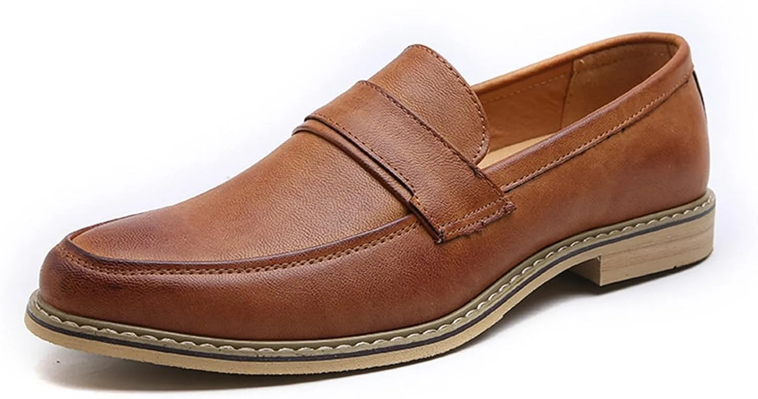 AMAZIDEAL Men's Leather Casual Penny Loafers,Fashion Round Toe Slip-On Business Dress Shoes,Comfortable Non-Slip Wedding Party Driving Shoes
