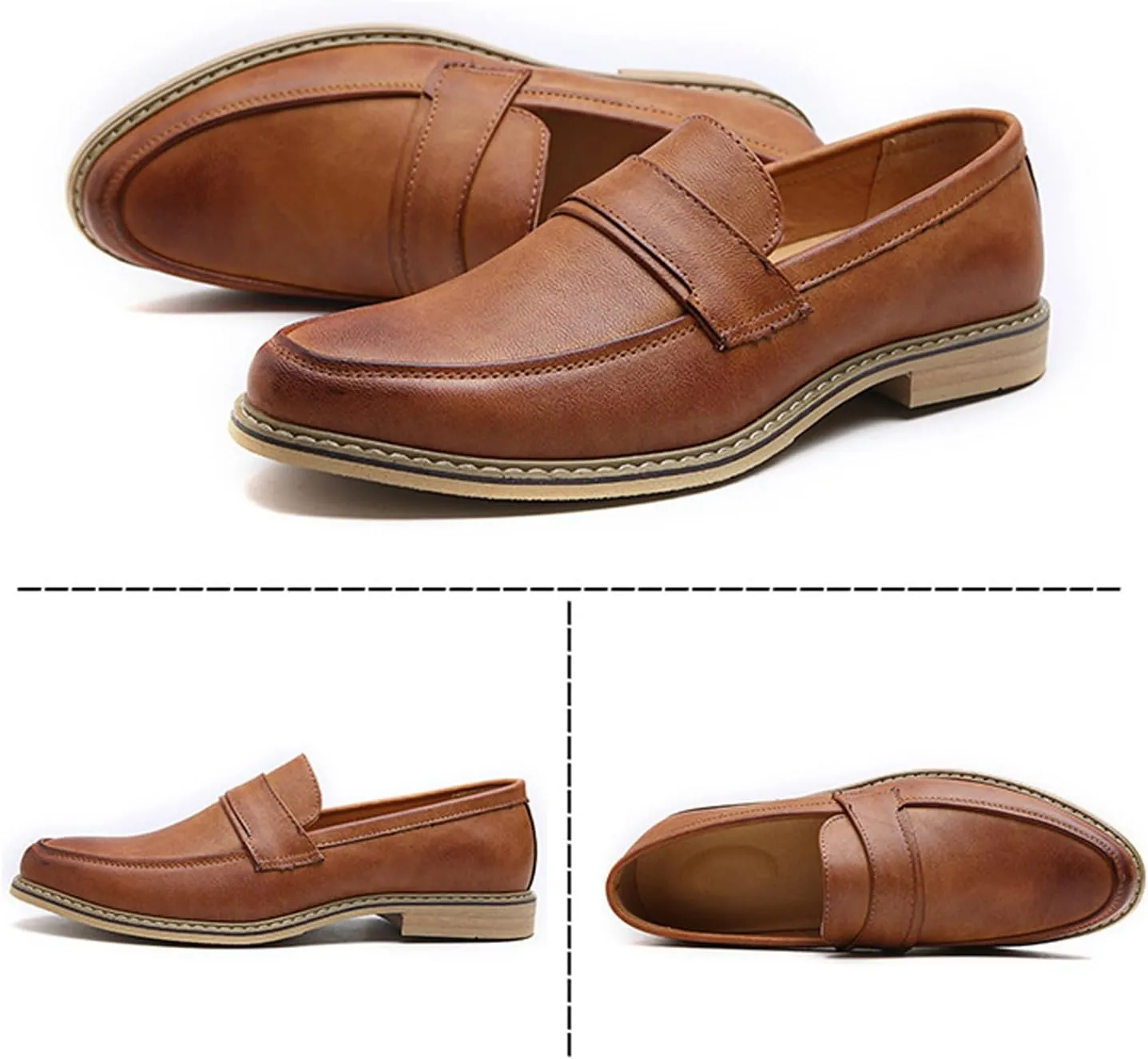 AMAZIDEAL Men's Leather Casual Penny Loafers,Fashion Round Toe Slip-On Business Dress Shoes,Comfortable Non-Slip Wedding Party Driving Shoes