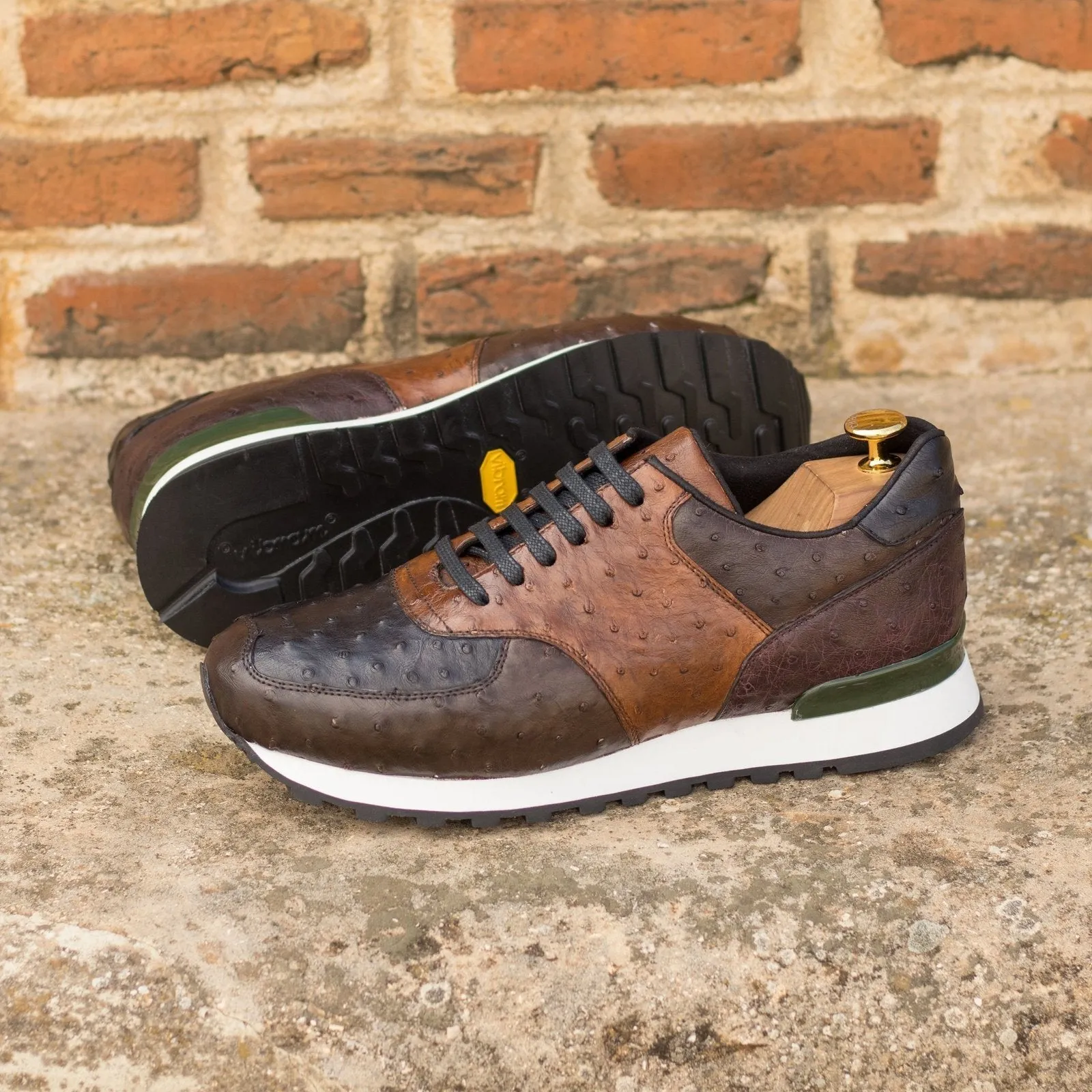 Ambrogio Bespoke Custom Men's Shoes Burgundy, Brown & Black Exotic Ostrich Jogger Sneakers (AMB2179)