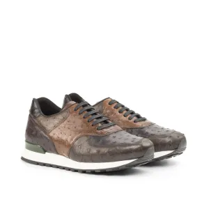 Ambrogio Bespoke Custom Men's Shoes Burgundy, Brown & Black Exotic Ostrich Jogger Sneakers (AMB2179)