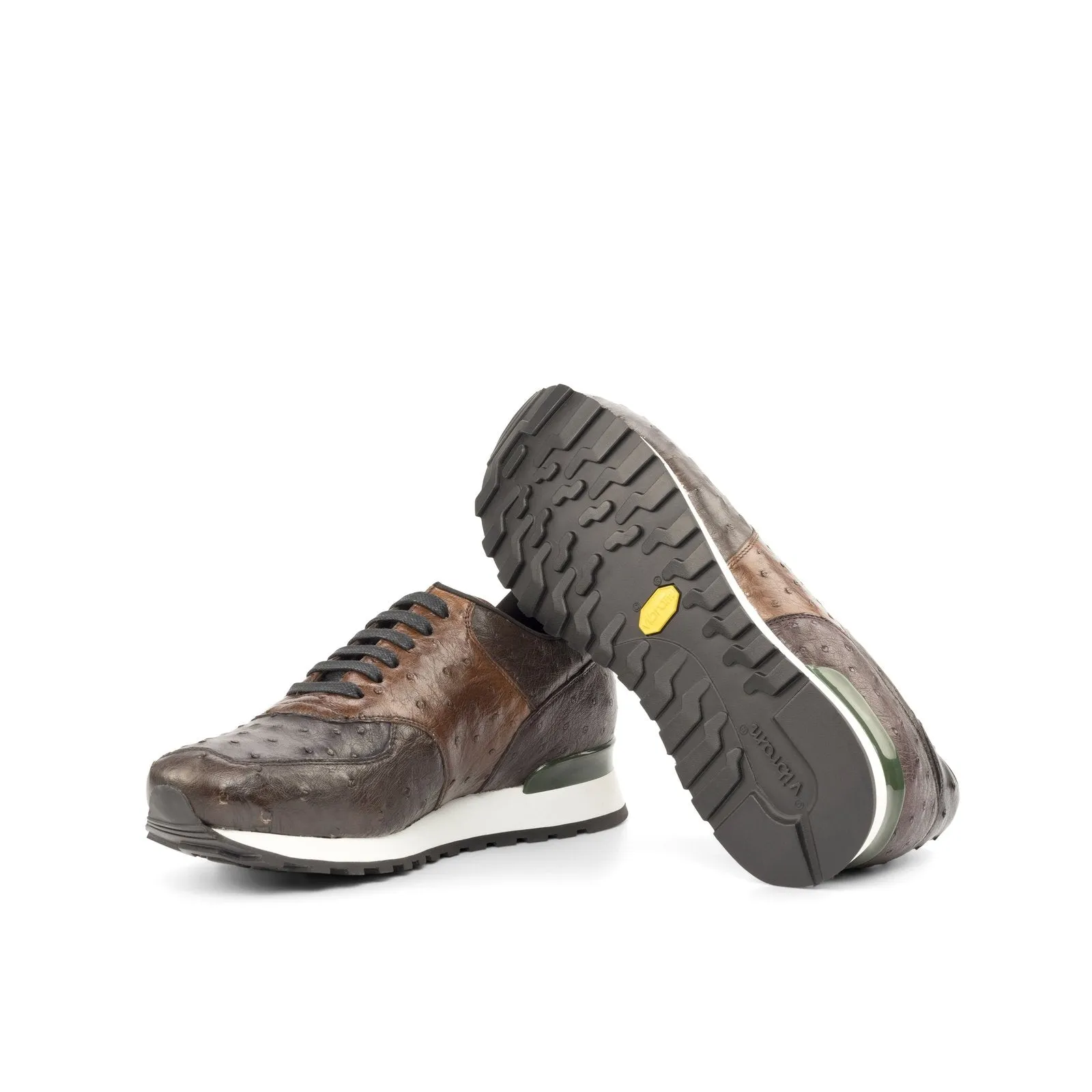 Ambrogio Bespoke Custom Men's Shoes Burgundy, Brown & Black Exotic Ostrich Jogger Sneakers (AMB2179)