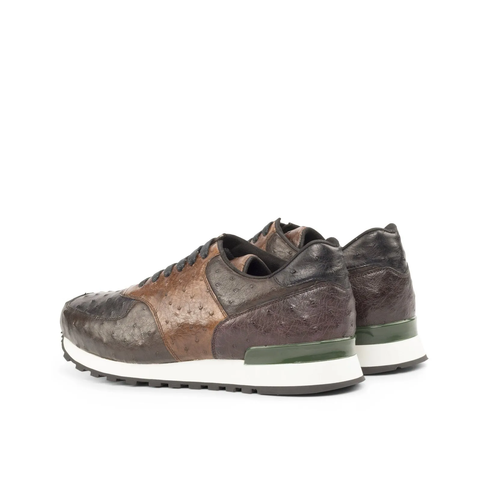 Ambrogio Bespoke Custom Men's Shoes Burgundy, Brown & Black Exotic Ostrich Jogger Sneakers (AMB2179)