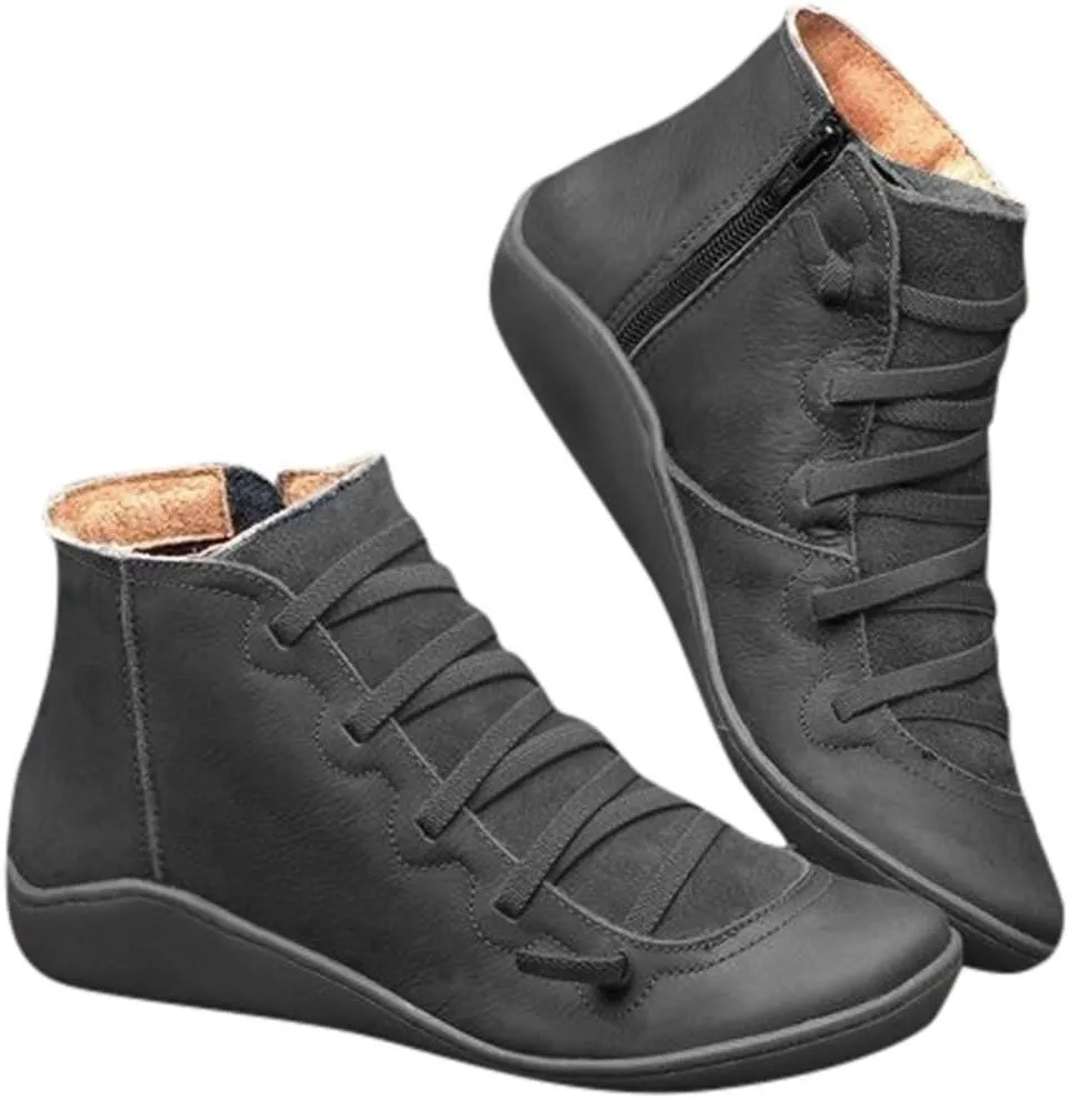 Ankle Booties for Women Flat Heel,Womens Ankle Boots Fashion Lace Up Side Zip Vintage Booties Low Heel Arch Support