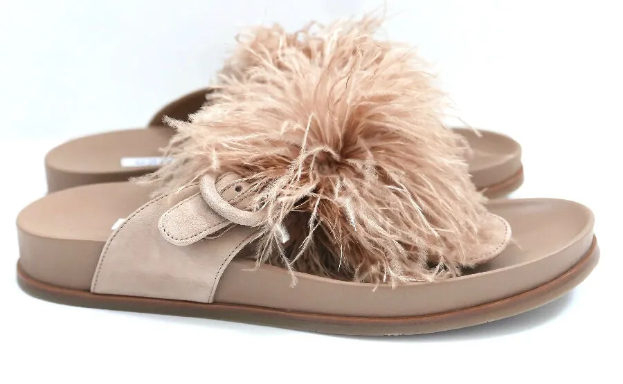 Aquazzura women's Boudoir blush ostrich feather slides sandals