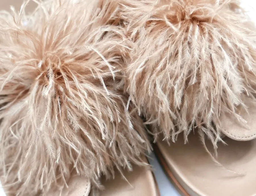 Aquazzura women's Boudoir blush ostrich feather slides sandals