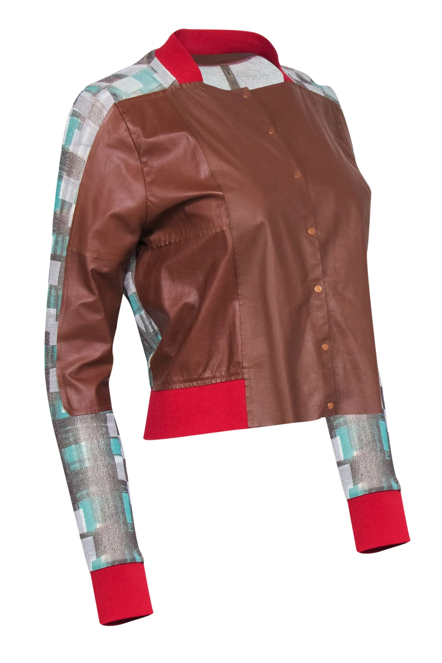 Aviu - Brown Leather Blouse w/ Red Trim & Sheer Sparkly Checkered Paneling Sz S