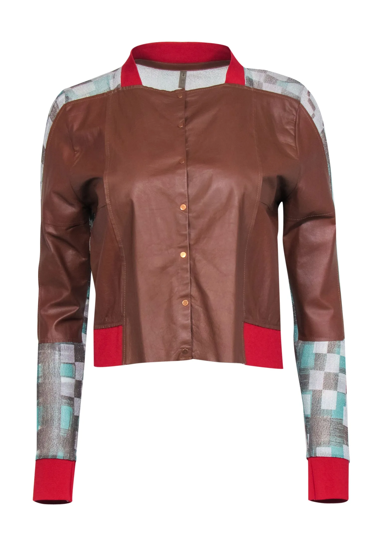 Aviu - Brown Leather Blouse w/ Red Trim & Sheer Sparkly Checkered Paneling Sz S