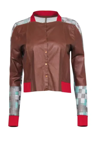 Aviu - Brown Leather Blouse w/ Red Trim & Sheer Sparkly Checkered Paneling Sz S