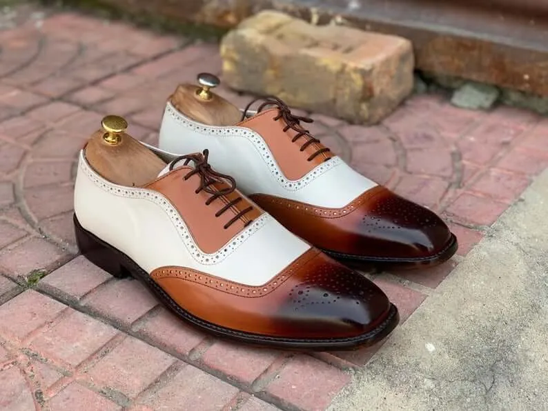 Awesome Handmade Men's White Brown Leather Brogue Shoes, Men Dress Formal Lace Up Shoes