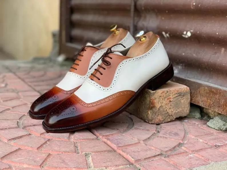 Awesome Handmade Men's White Brown Leather Brogue Shoes, Men Dress Formal Lace Up Shoes