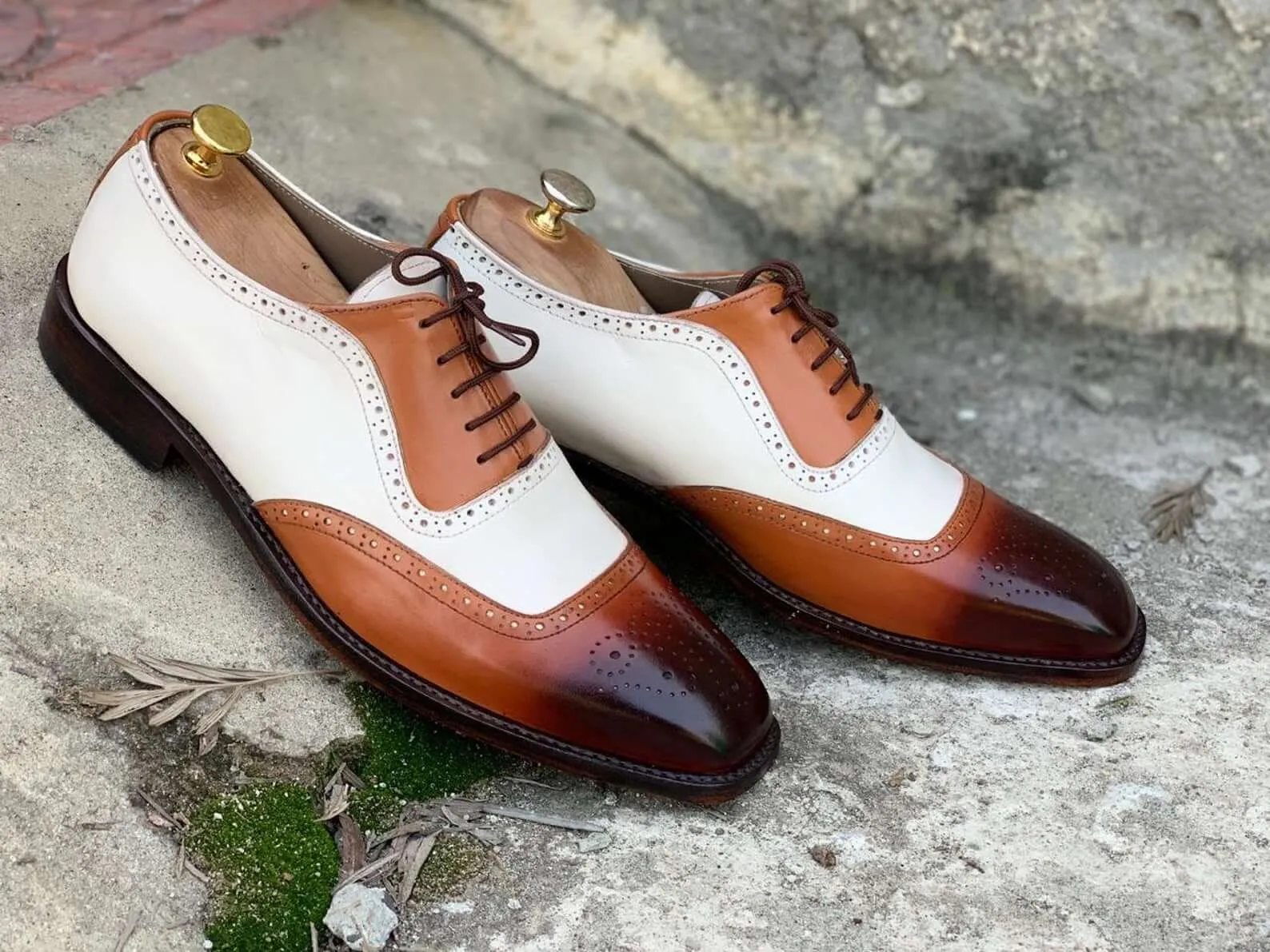 Awesome Handmade Men's White Brown Leather Brogue Shoes, Men Dress Formal Lace Up Shoes