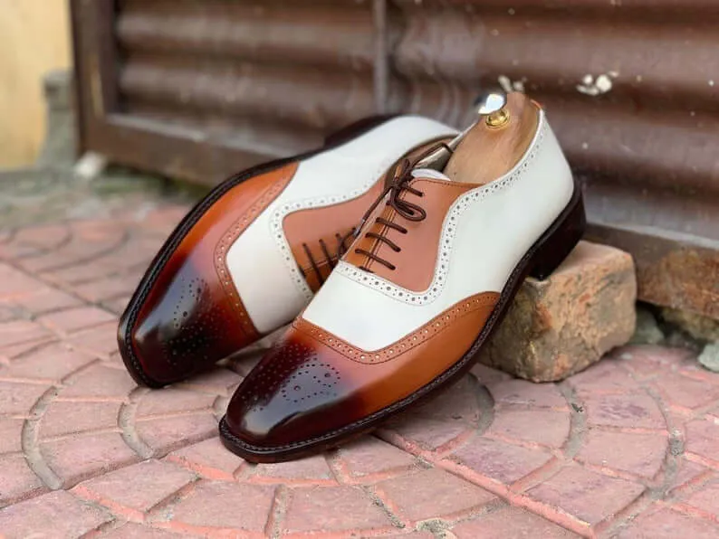 Awesome Handmade Men's White Brown Leather Brogue Shoes, Men Dress Formal Lace Up Shoes