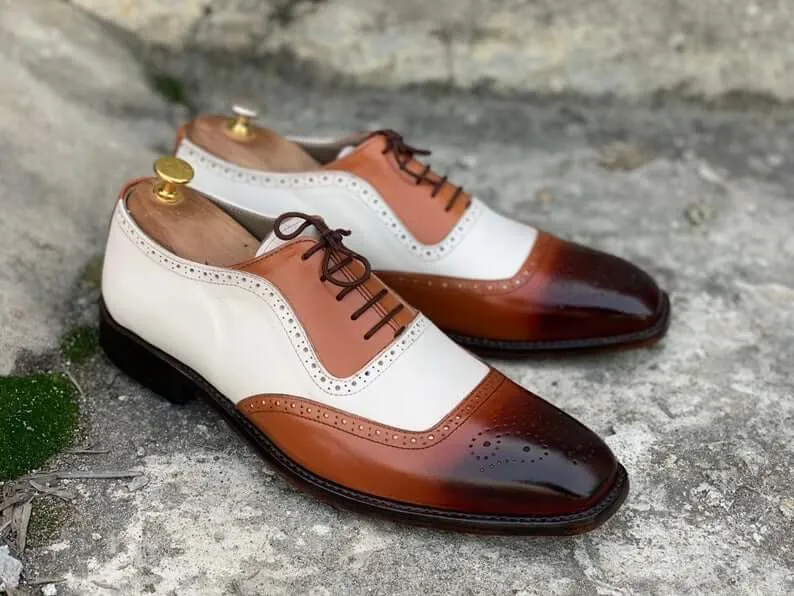 Awesome Handmade Men's White Brown Leather Brogue Shoes, Men Dress Formal Lace Up Shoes