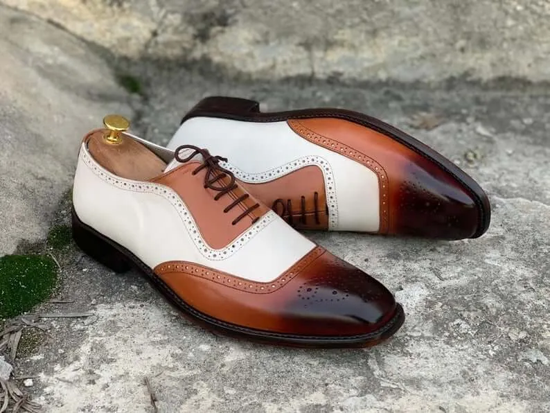 Awesome Handmade Men's White Brown Leather Brogue Shoes, Men Dress Formal Lace Up Shoes