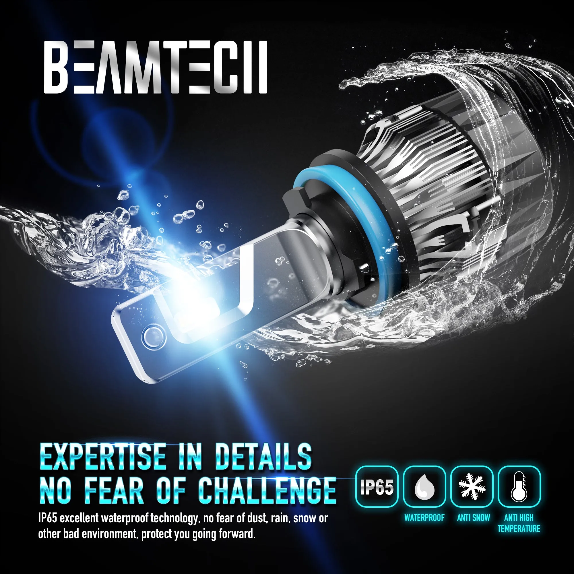 BEAMTECH H11 LED Headlight Bulb 30mm Heatsink Base CSP Chips 10000 Lumens Hi/Lo 6500K Xenon White Extremely Super Bright Conversion Kit of 2